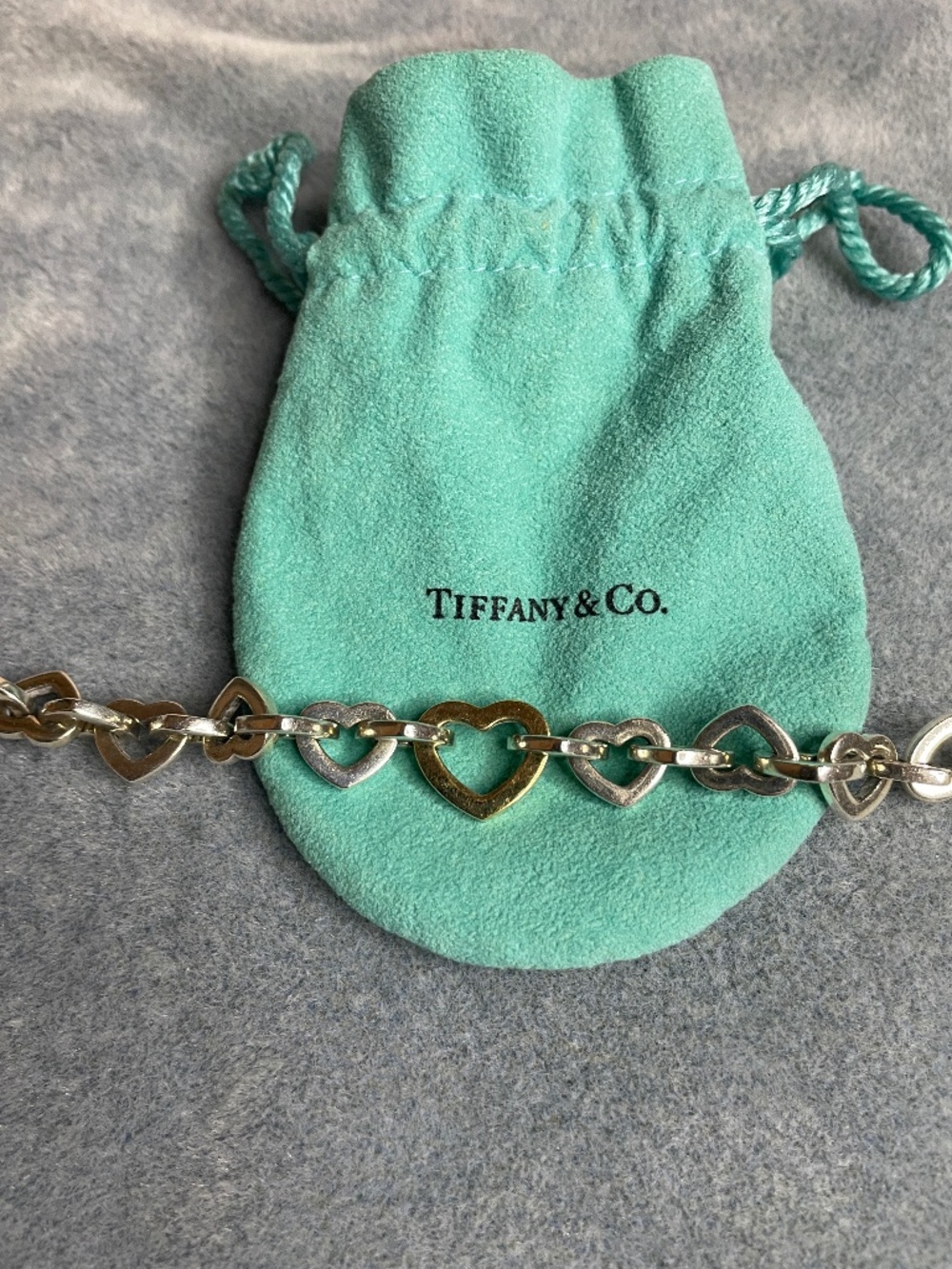 Vintage Tiffany & Co. 2000 Heart Link Bracelet Sterling Silver 18K Gold 7.5